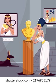 Cleopatra flat background depicting museum interior with pictures and sculpture vector illustration