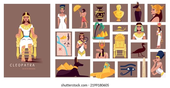 Cleopatra flat composition consisting from separate rectangular illustrations of ancient egypt symbols vector illustration