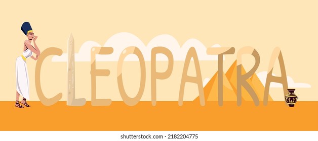 Cleopatra flat text with big letters on ancient pyramids background vector illustration