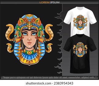 Las artes Cleopatra head mandala aisladas en camisetas blancas y negras.