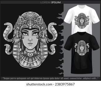 Las artes de la manala monocromática de la cabeza Cleopatra aisladas en camisetas blancas y negras.