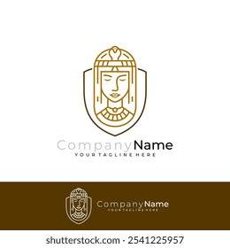 ícone de cleopatra dentro do escudo em estilo de linha, logotipo de mulher bonita