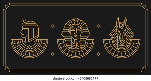 Cleopatra, el faraón y Anubis Antiguo Egipto vintage arte hipster de la línea de arte de dios Ilustración vector. conjunto de colección de estilo lineal de arte vintage. fondo de pantalla de dioses de Egipto sobre fondo oscuro