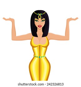 Cleopatra, queen of Egypt, in the golden dress on a white background