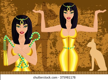 Cleopatra, Queen of Egypt, on the stone background, grace, cat pattern. style vector illustration