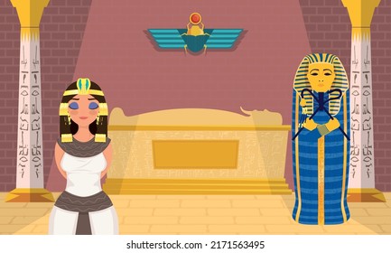 escena de cleopatra y sarcófago egipto