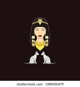 Cleopatra and two twin sphynx cats in vector