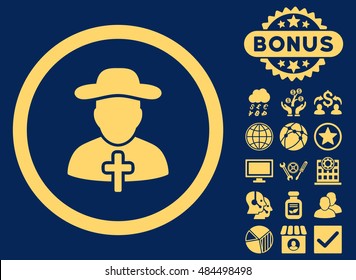 Clergy icon with bonus design elements. Vector illustration style is flat iconic symbols, yellow color, blue background.