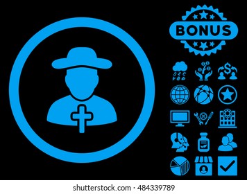Clergy icon with bonus elements. Vector illustration style is flat iconic symbols, blue color, black background.