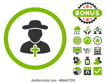 Clergy icon with bonus pictogram. Vector illustration style is flat iconic bicolor symbols, eco green and gray colors, white background.
