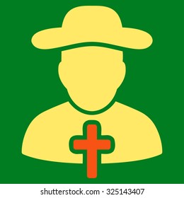 Cleric vector icon. Style is bicolor flat symbol, orange and yellow colors, rounded angles, green background.