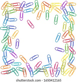 Clerical bright paper clips isolated on white vector background. Rainbow colors paperclips memo note and documents staple attach tools illustration. Simple plastic paperclips.