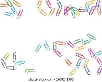 Clerical bright paper clips isolated on white vector background. Red, blue, green, yellow paperclips memo note and documents staple attach tools illustration. Simple plastic paperclips.