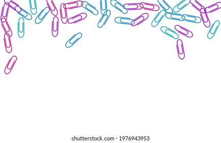 Clerical bright paper clips isolated on white vector background. Magenta pink, blue, violet paperclips memo note and documents staple attach tools illustration. Plastic paperclips backdrop.