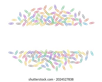 Clerical bright paper clips isolated on white vector background. Red, blue, green, yellow paperclips memo note and documents staple attach tools illustration. Simple plastic paperclips.