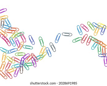 Clerical bright paper clips isolated on white vector background. Red, blue, green, yellow paperclips memo note and documents staple attach tools illustration. Simple plastic paperclips.