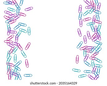 Clerical bright paper clips isolated on white vector background. Pink, cyan blue, purple paperclips memo note and documents staple attach tools illustration. Plastic paperclips backdrop.