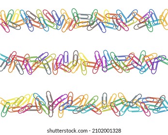 Clerical bright paper clips isolated on white vector background. Rainbow colors paperclips memo note and documents staple attach tools illustration. Simple plastic paperclips.