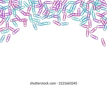 Clerical bright paper clips isolated on white vector background. Magenta pink, blue cyan, purple paperclips memo note and documents staple attach tools illustration. Plastic paperclips backdrop.