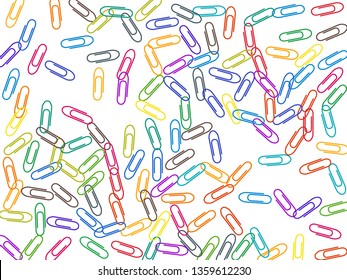 Clerical colored paper clips isolated on white vector background. Red, blue, green, yellow paperclips memo note and documents staple attach tools illustration. Plastic paperclips backdrop.