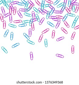 Clerical colored paper clips isolated on white vector background. Magenta pink, blue, violet paperclips memo note and documents staple attach tools illustration. Plastic paperclips backdrop.