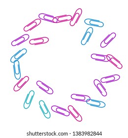 Clerical colored paper clips isolated on white vector background. Pink, blue, violet paperclips memo note and documents staple attach tools illustration. Plastic paperclips pile.