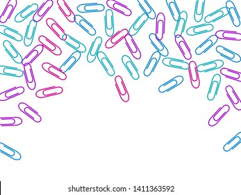 Clerical colored paper clips isolated on white vector background. Magenta pink, blue, purple paperclips memo note and documents staple attach tools illustration. Plastic paperclips pile.