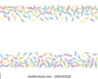 Clerical colored paper clips isolated on white vector background. Pink red, blue, green, orange paperclips memo note and documents staple attach tools illustration. Plastic paperclips top view.