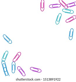 Clerical colored paper clips isolated on white vector background. Magenta pink, blue cyan, violet paperclips memo note and documents staple attach tools illustration. Plastic paperclips pile.