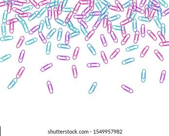 Clerical colored paper clips isolated on white vector background. Pink, cyan blue, violet paperclips memo note and documents staple attach tools illustration. Plastic paperclips top view.