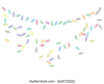 clips de papel de color clásico aislados en fondo vectorial blanco. Colores arcoiris paperclips nota memo y documentos de la ilustración de herramientas de acoplamiento básico. Fondo de los clips de plástico.