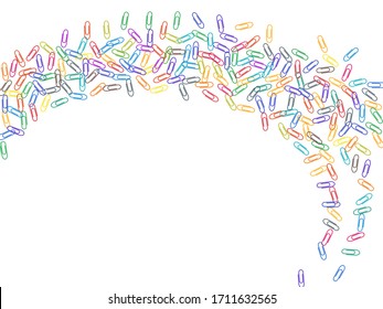 Clerical colored paper clips isolated on white vector background. Pink red, blue, green, orange paperclips memo note and documents staple attach tools illustration. Plastic paperclips pile.