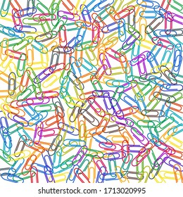 Clerical colored paper clips isolated on white vector background. Rainbow colors paperclips memo note and documents staple attach tools illustration. Plastic paperclips pile.