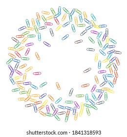 Clerical colored paper clips isolated on white vector background. Rainbow colors and metal paperclips memo note and documents staple attach tools illustration. Plastic paperclips backdrop.