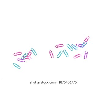 Clerical colored paper clips isolated on white vector background. Magenta pink, blue cyan, purple paperclips memo note and documents staple attach tools illustration. Simple plastic paperclips.