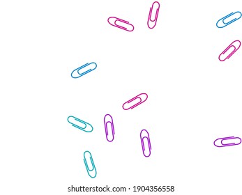 clips de papel de color clásico aislados sobre fondo vectorial blanco. Nota de memo de clips rosados, azules y púrpura y ilustración de herramientas de acoplamiento básico de documentos. Vista superior de los clips de plástico.