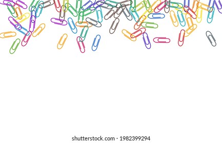 Clerical colored paper clips isolated on white vector background. Pink red, blue, green, orange paperclips memo note and documents staple attach tools illustration. Plastic paperclips backdrop.