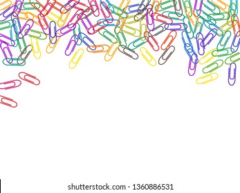 Clerical colorful paper clips isolated on white vector background. Pink red, blue, green, orange paperclips memo note and documents staple attach tools illustration. Plastic paperclips top view.