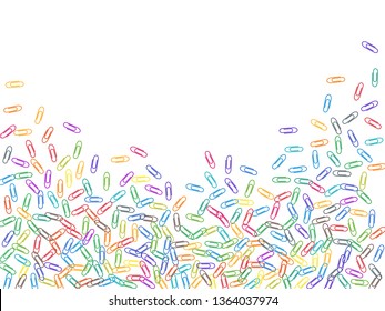 Clerical colorful paper clips isolated on white vector background. Red, blue, green, yellow paperclips memo note and documents staple attach tools illustration. Plastic paperclips pile.