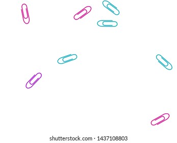 Clerical colorful paper clips isolated on white vector background. Magenta pink, blue cyan, purple paperclips memo note and documents staple attach tools illustration. Plastic paperclips top view.