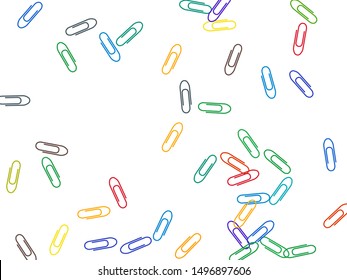 Clerical colorful paper clips isolated on white vector background. Purple, cyan blue, green, orange paperclips memo note and documents staple attach tools illustration. Plastic paperclips backdrop.