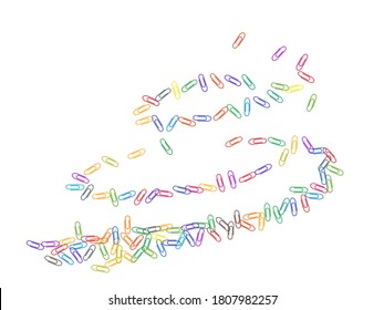 Clerical colorful paper clips isolated on white vector background. Purple, cyan blue, green, orange paperclips memo note and documents staple attach tools illustration. Plastic paperclips backdrop.