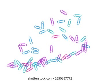 Clerical colorful paper clips isolated on white vector background. Magenta, blue, violet paperclips memo note and documents staple attach tools illustration. Plastic paperclips backdrop.