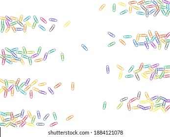 Clerical colorful paper clips isolated on white vector background. Rainbow colors paperclips memo note and documents staple attach tools illustration. Plastic paperclips backdrop.