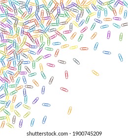 Clerical colorful paper clips isolated on white vector background. Pink red, blue, green, orange paperclips memo note and documents staple attach tools illustration. Plastic paperclips backdrop.