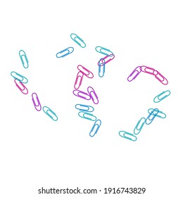 Clerical colorful paper clips isolated on white vector background. Pink, blue, purple paperclips memo note and documents staple attach tools illustration. Plastic paperclips backdrop.