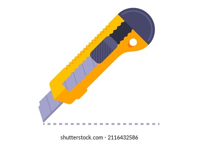 a clerical knife cuts the markup in the form of a dotted line. cut to mark. flat vector illustration.