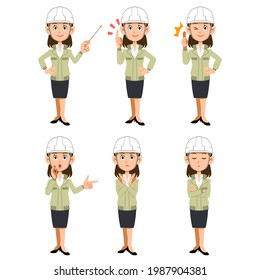 A clerical woman wearing a helmet and work clothes, 6 different facial expressions and gestures