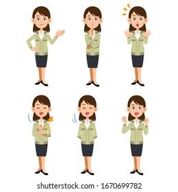 A clerical worker wearing a work clothes, 6 types of facial expressions and gestures