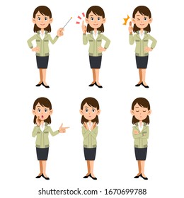 A clerical worker wearing a work clothes, 6 types of facial expressions and gestures
